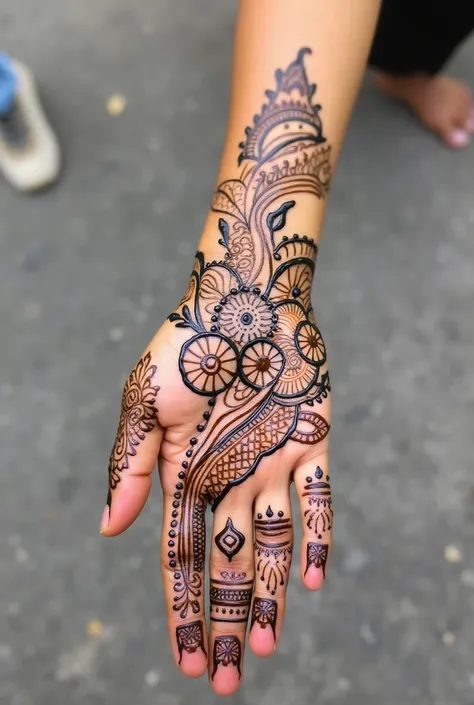 Mehandi design on hand from elbow but in designs generate a social message 