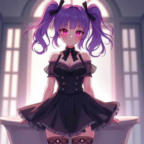 a one woman, purple double ponytail hair, Eyes red, breasts small, black lolita dress, transparent pantyhose,best qualityer, anatomically correcte, アニメ