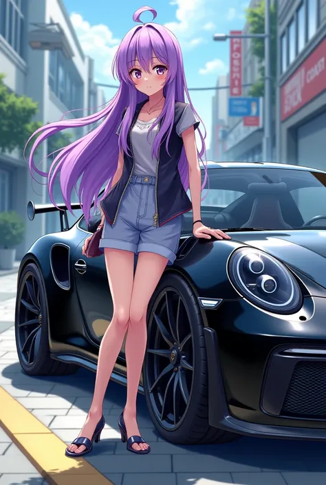  anime girl with purple hair next to a black porsche 