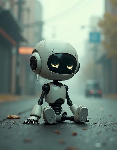 Very cute little robot, sobbing, sitting in the middle of a street, natta, Chove forte, haze, haze 