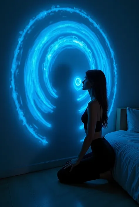 A beautiful woman, sexy butt, black legging, tank top, kneeling while staring at the wall, the wall he was looking at gave off a blue spiral, in the bedroom, she looked at the wall more closely, when she saw the wall her eyes became blue spirals