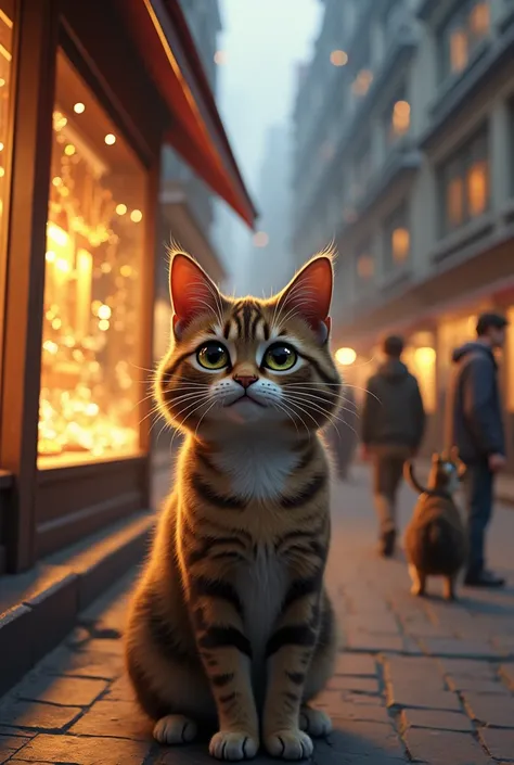 The father cat, with wide, frantic eyes, glances across the street at a fancy jewelry shop, lit up with sparkly necklaces and rings in the windows. The background shows a bustling street filled with other cats walking by.