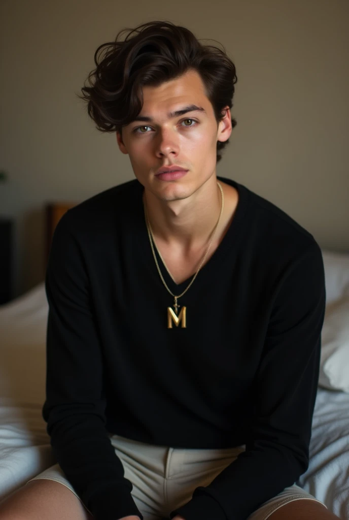 Harry, Styles, British, 20 age, Dark brown short curly Hair, Black sweeter, showing abs, black short skirt, neckless with Letter M, sitting in his bed