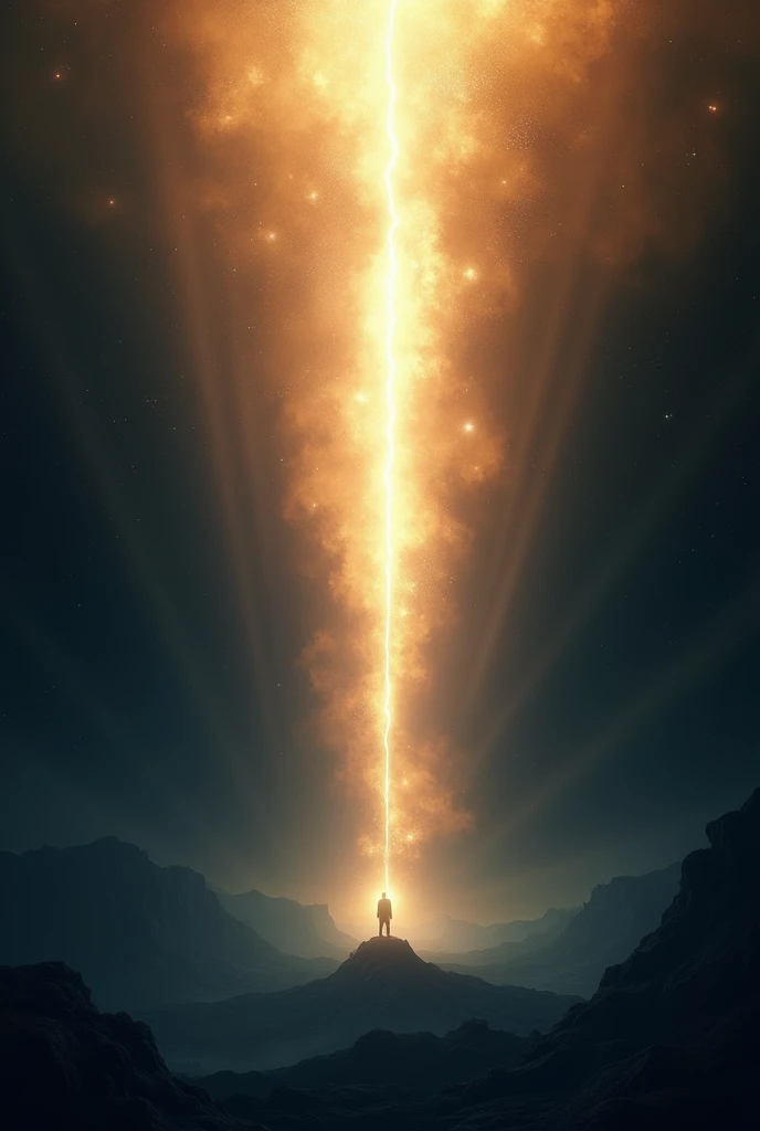 Scene 1: The Creation of Light (Journey 1) universe - A vast space of infinite darkness is torn apart by a powerful beam of divine light that spreads, dividing the darkness. The light shines brightly, lighting half the scene, while the other half remains i...