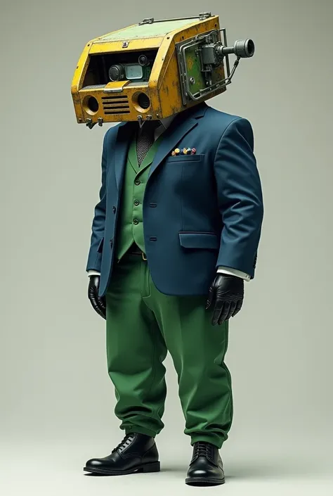 A humanoid being with the main characteristic of having its head replaced by a garbage truck, he wears a blue suit with green pants, he wears black leather gloves and black shoes