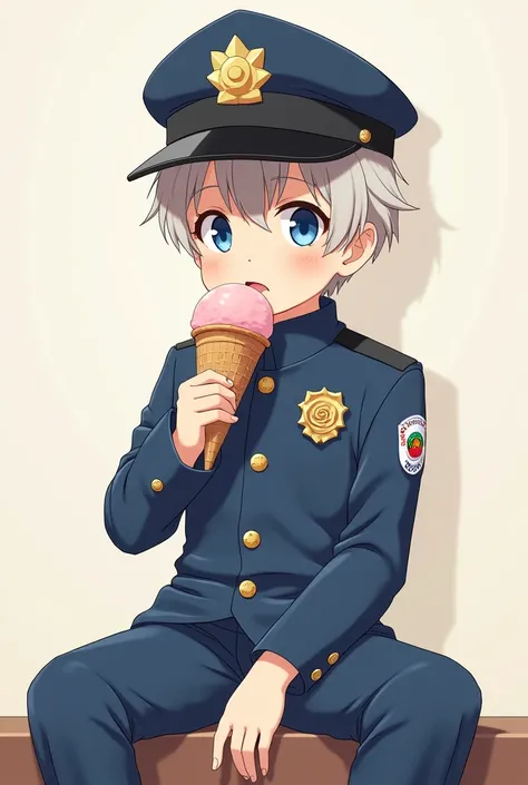 Anime boy shota in police uniform sitting eating ice cream 