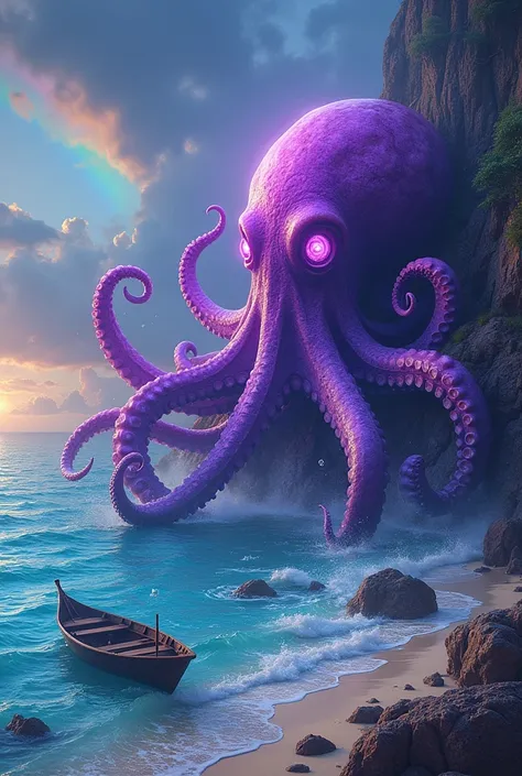 purple radioactive psychedelic octopus from a hallucination in the magical sea destroying an average wooden boat near the coast of a paradise beach on a calm colorful day