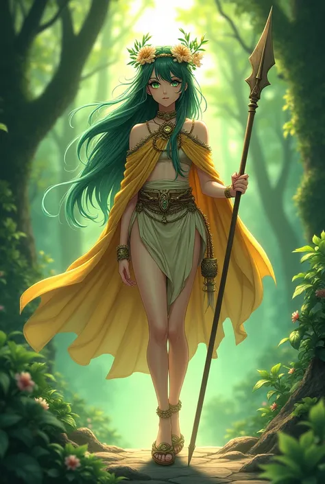 oc anime, female, human race, long hair and dark brown eyelashes, somewhat messy but straight, emerald eyes, flower crown on her head, wears an indigenous tribal leaders outfit, having a golden cape on her back, and wearing beige slippers, in addition she ...