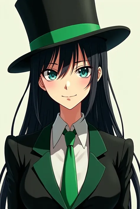 anime girl with long, black hair wearing a black top hat with a green band. she is also wearing a black and green suit. she is tall and slender and is smiling smugly at the viewer.

(aspect ratio = 4:3)