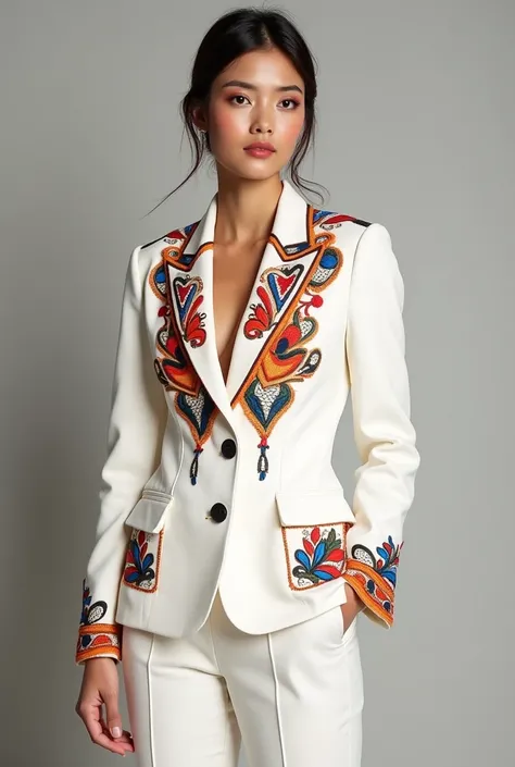 A white blazer with Peruvian embroidery
