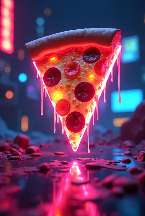 Completely neon pizza slice with gamer background