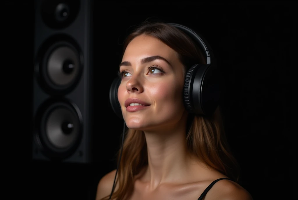 face of a beautiful woman wearing headphones on a black background with speakers