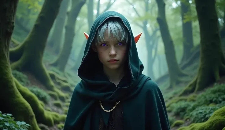 a teenager half-elf boy with silver short hair and purple eyes, silvan ehalf-elf, A boy wearing a black cloak, forest, The One Ring