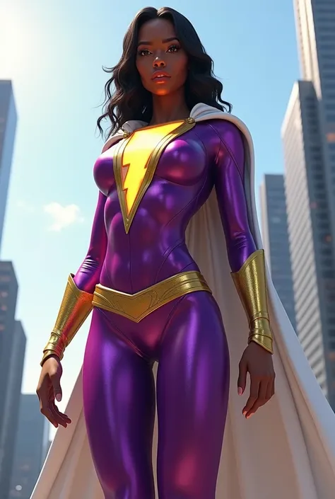 A young African-American Girl, wearing A bright, metallic purple bodysuit with a form-fitting design. The suit has a sleek, modern look, emphasizing her strength and speed. She wears a short white cape with gold trim that adds a classic superhero touch to ...