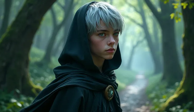 a teenager half-elf boy with silver short hair and purple eyes, silvan ehalf-elf, A boy wearing a black cloak, forest, The One Ring