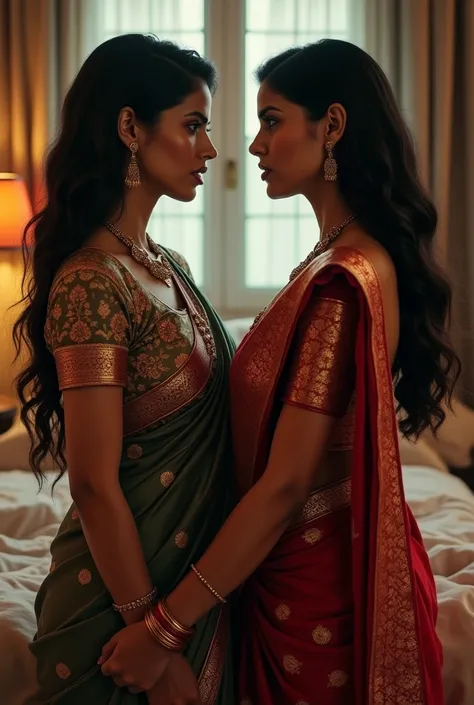 Two Indian women in saree with deep u neck blouse with strings standing side by side , with back view in bedroom. Both women looking each other sideways in anger and catfight mode