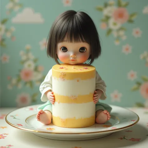 Photo realistic:1.4, Realistic:1.2, Realistic face and eyes:1.5, Realistic skin:1.3, Surreal photo, Surreal, One Japanese girl, , cute, Adorable, Flower-side one-piece dress, A cake on a large ceramic plate, The cake is taller than her., She is sitting on ...