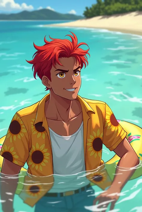 
Anime boy red hair dark skin yellow eyes early 20s, he is swimming with a floatie on the water, you can see the beach in the background. He is wearing A white undershirt and an over shirt with sunflowers