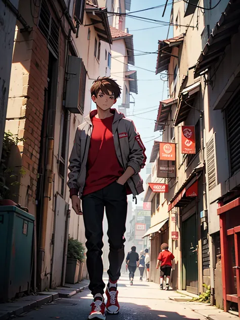 A boy, slightly dark brown hair, skin fair, lightbrown eyes, light gray jacket, Red shirt, black pants, Red sneakers, looking at the camera, Setting of a futuristic city