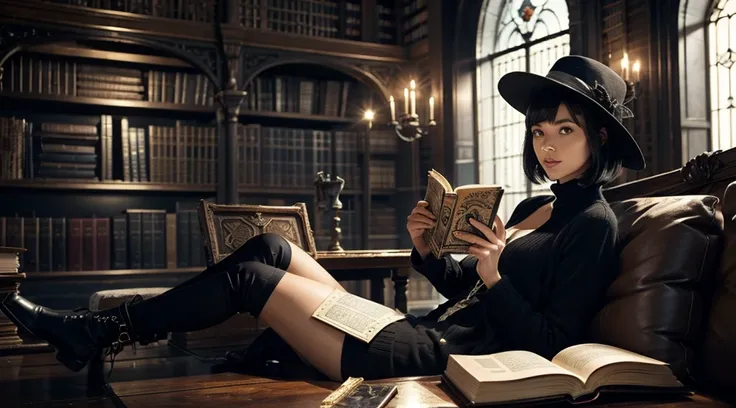 a woman reading a grimoire in a fantastic library, black hat, black boots, black long cardigan, white dress, black hair, short b...