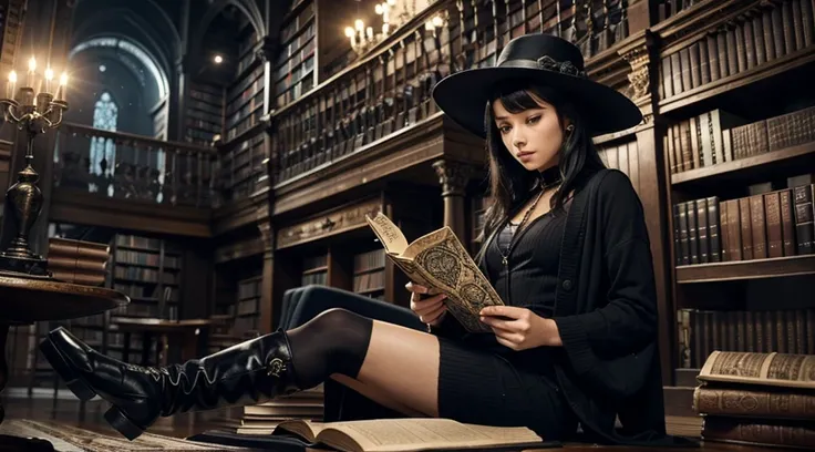 a woman reading a grimoire in a fantastic library, black hat, black boots, black long cardigan, white dress, black hair, short b...