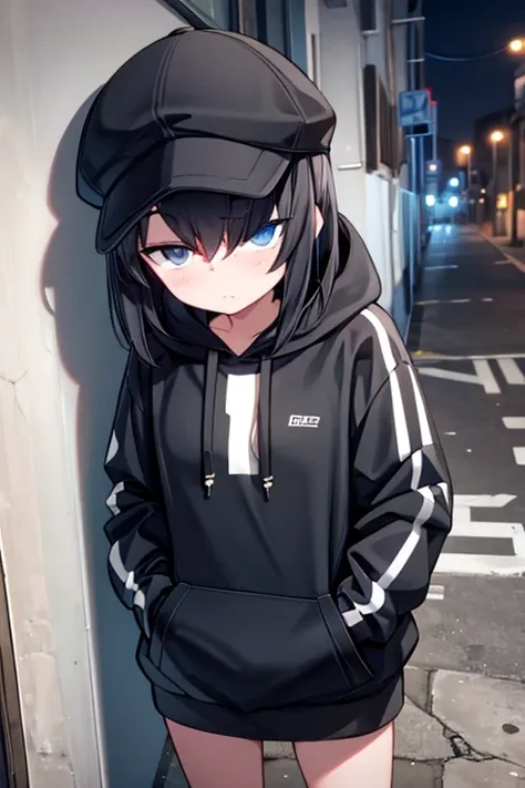 alley,one girl, shortcuts, mob cap,hoodie,hands in pockets,leaning against a wall,inflate gum,gaze, only look at,cell phone