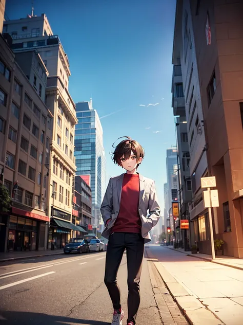 A boy, slightly dark brown hair, skin fair, lightbrown eyes, light gray jacket, Red shirt, black pants, Red sneakers, looking at the camera, Setting of a futuristic city