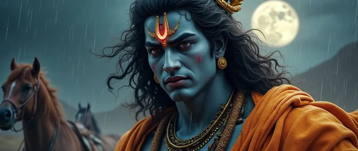 ((best quality)), ((masterpiece)), (detailed), perfect face, god krishna got angry with devil and he is the biggest man in the world, he is middle in the ware, thunderstorm is down on ware land, some horse are running side of him, Moody glow lighting, moon...