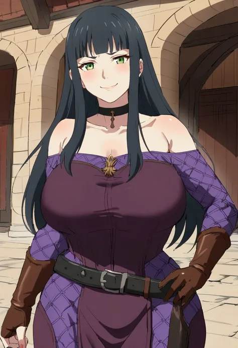 {{upper body, dutch angle}} {{Artist: sincos}} 1girl, mature female, warrior, black hair, long hair, hime cut, short bangs, green eyes, fair skin, black choker, leather dress, purple patterns on dress, perky chest, exposed shoulders, leather gloves, black ...