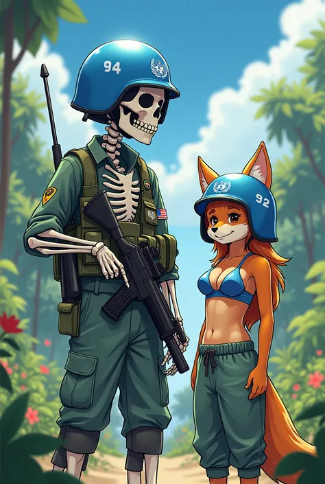 Brazilian skeleton soldier with UN helmet, with the company of a furry fox in a bra and sweatpants with a UN helmet on a peace mission in East Timor in a cute sensual anime drawing.