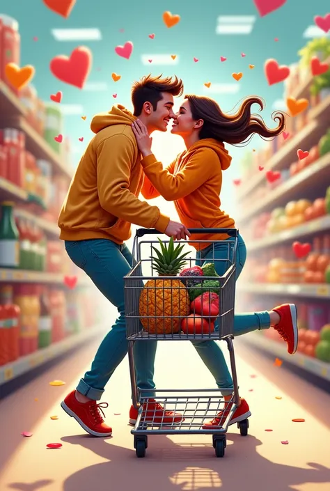 A couple in love crashing a shopping cart at the supermarket with an upside down pineapple and other groceries inside and hearts around them 