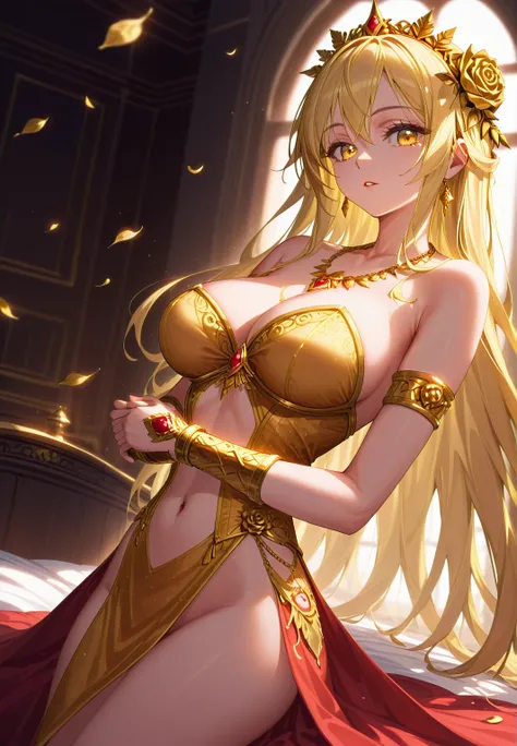 (dancing:1.7) (close up:1.4) (full body pose) (adult woman:1.2) (nude:1.1) (topless:1.1) (elaborate beautiful red gold dress:1.2) (from behind) (golden halo) golden chain choker, night, dark cozy bedroom, mood lighting, on bed, Absurd, Perfect Anatomy, Goo...