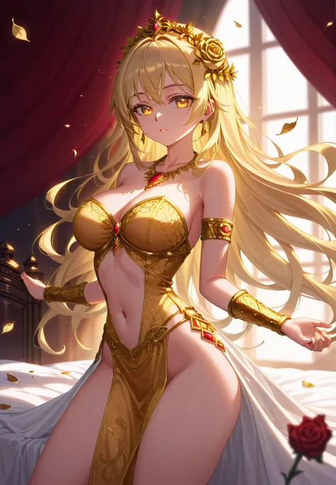 (dancing:1.7) (close up:1.4) (full body pose) (adult woman:1.2) (nude:1.1) (topless:1.1) (elaborate beautiful red gold dress:1.2) (from behind) (golden halo) golden chain choker, night, dark cozy bedroom, mood lighting, on bed, Absurd, Perfect Anatomy, Goo...