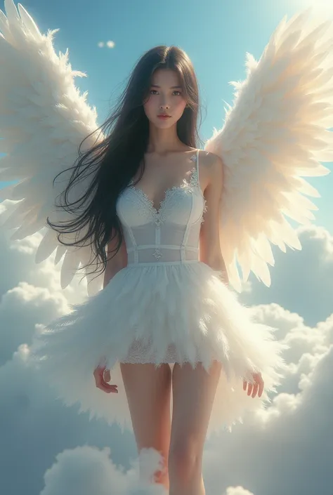 woman, long straight black hair, medium bust, short dress with white feathers, white angel wings, one leg slightly bent, looking at the camera, surrounded by clouds with flashes of sun rays, photorealistic