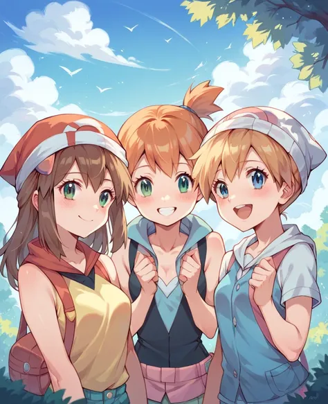 character pokemon, three girls , misty , dawn, may, together, smile , friends