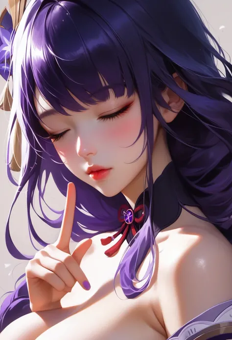 score_9, score_8_superior, score_7_superior,sauce_anime, High-resolution images,masterpiece,Highest quality,girl,かわいいKissing Face,,Kissing Face, large breast ,Beautiful Skin,_Shogun_Genshin Impact, Purple long hair,One finger raised to his lips,Both eyes c...