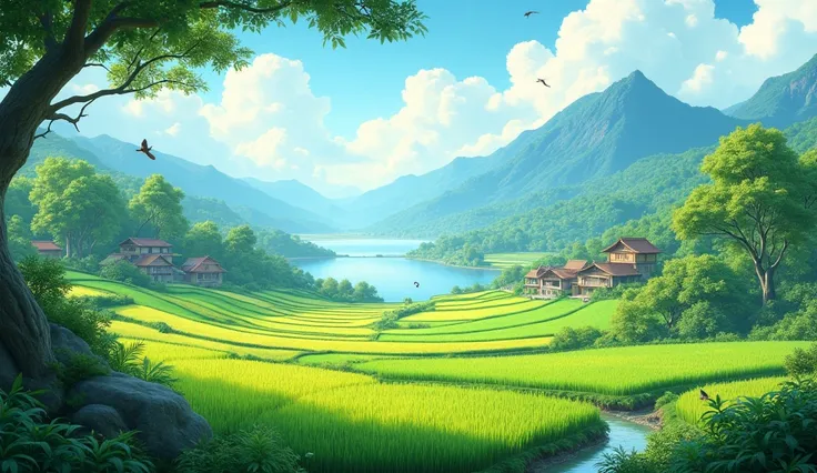 Natural scenery, beautiful rice fields, farmers houses in the rice fields, mountain lakes and trees where birds perch 