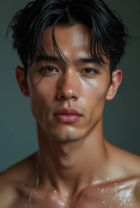 Create a hyperrealistic portrait of a young, handsome guy with wet hair, water droplets clinging to his face and neck. His skin glistens with moisture, highlighting his sharp jawline and defined facial features. His expression is intense, with every detail...