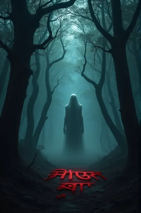 A dark, eerie forest at night with a ghostly figure emerging from the shadows, Bengali text of the channel name written in blood-red font.