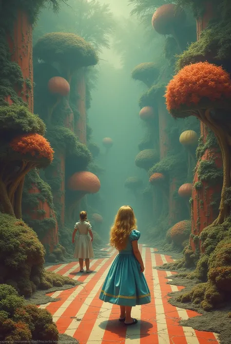 In the center of the image is Alice.(Alice in Wonderland, wonder), In a world where everything is wrong, probably the royal garden of the Queen of Hearts, The perspective is distorted, the feeling of distance is wrong, the horizon and vertical lines are di...