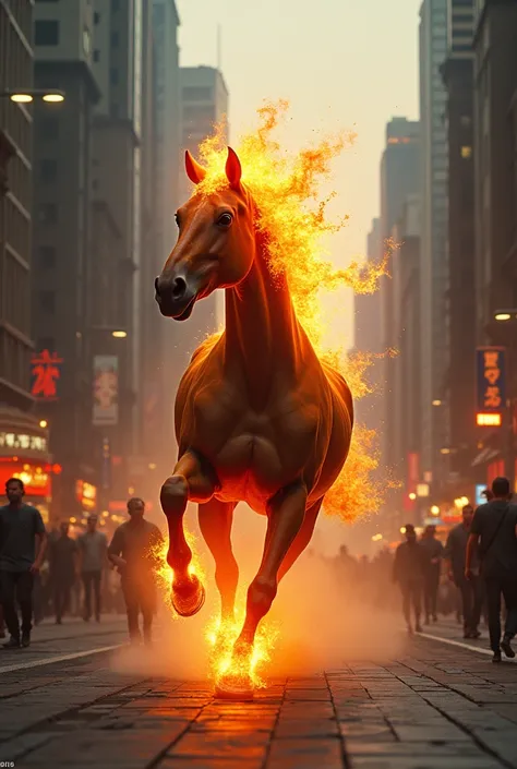 A headless horse with fire coming out of its neck running in the middle of a city. 真实感. hiper Realistic 