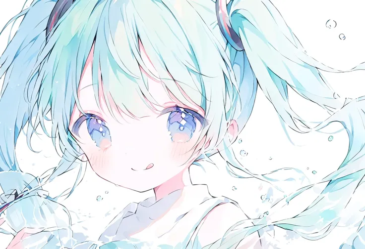 (water color:1.5)transparent illustration,cute girl, soft line, Soft lines, Hatsune Miku, cute, Blue-green hair, Twin tails, Blue-green eyes, smile, tongue out, White Background