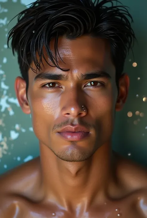 Create a hyperrealistic portrait of a young, handsome latino  guy with wet hair, water droplets clinging to his face and neck. His skin glistens with moisture, highlighting his sharp jawline and defined facial features. His expression is intense, with ever...