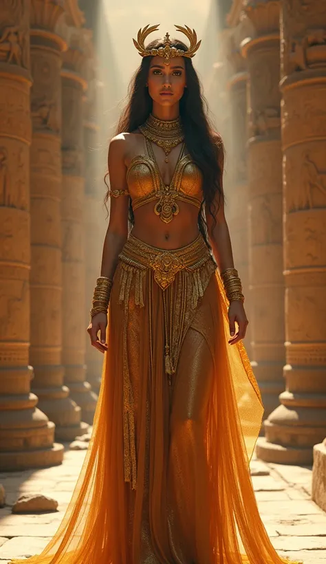 Create an ultra-realistic image of Inanna, the ancient Mesopotamian goddess of love, fertility, and war. She should be depicted as a powerful and regal figure, with intricate, golden jewelry adorning her body, including a crown, bracelets, and layered neck...