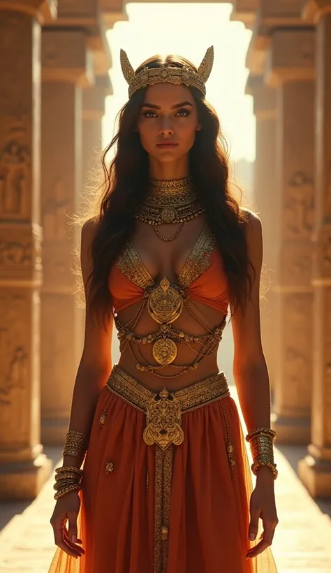 Create an ultra-realistic image of Inanna, the ancient Mesopotamian goddess of love, fertility, and war. She should be depicted as a powerful and regal figure, with intricate, golden jewelry adorning her body, including a crown, bracelets, and layered neck...