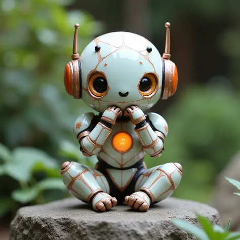 (Cute ceramic surface robot), Sitting on a stone, Holding chin with both hands, Diffuse lighting, fantasy, complex, elegant, Colorful grid suit, Very detailed, Artworks of Yoshitaka Amano，Garden Background，