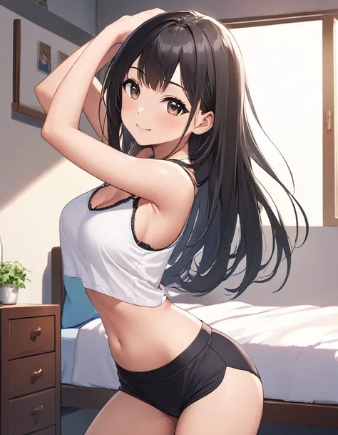 Girl, cute, adorable, smiling, straight hair, long hair, black hair, standing, (right arm up behind:1.2), (shows armpit:1.2), (left　arm Lower waist:1.2), Swayback stance, looking at the camera, From the front, from thighs to head, my room, daylight, bra to...