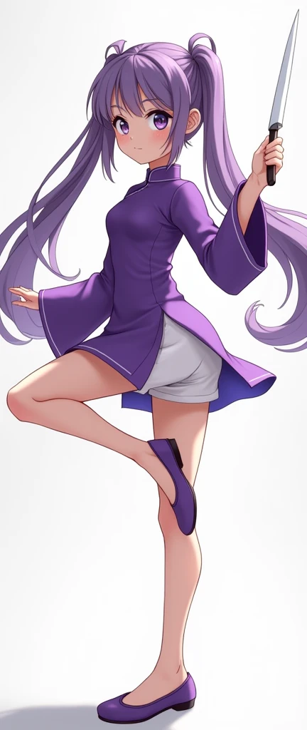 1 girl、alone、Gazing at the audience、smile、Twin tails、Simple Background、Long sleeve、Holding a knife、Mouth closed、Are standing、Purple Hair、whole body、Chinese clothing、Lift your legs、Standing on one leg、Purple Chinese Dress、White shorts、purple shoes、No socks、...