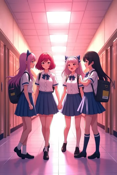 4 Teenage female in pink school hallway 