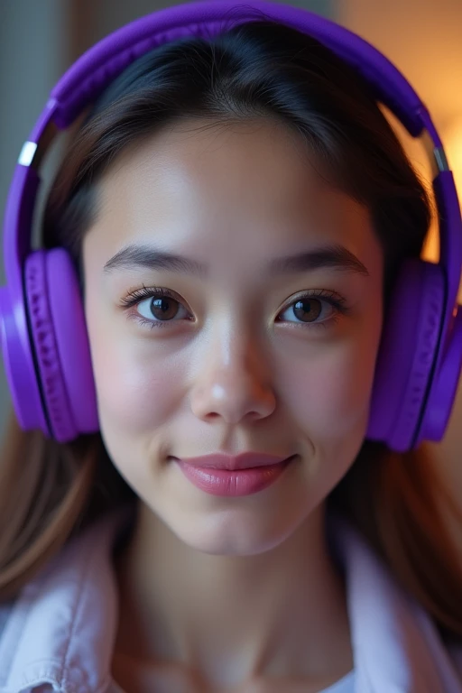 Close-up of a pair of purple-colored headphones on a girls head, front view from a slight angle to the right and above, ƒ/5.0, headphones,